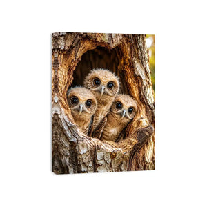 Curious owlets in tree hollow
