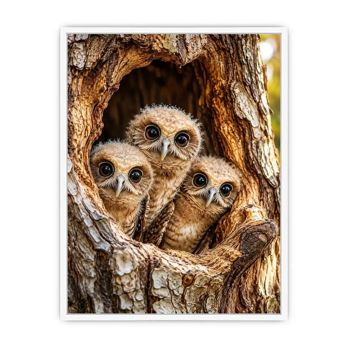 Curious owlets in tree hollow