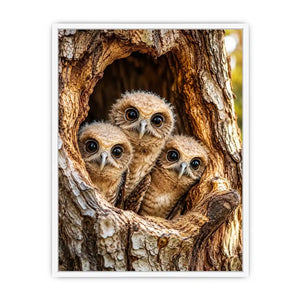 Curious owlets in tree hollow