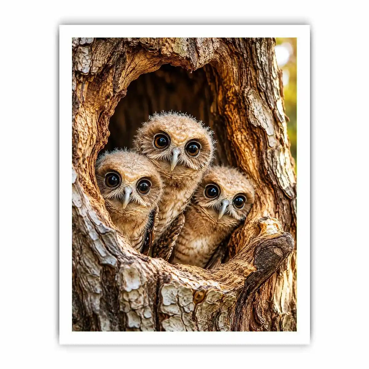 Curious owlets in tree hollow