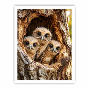 Curious owlets in tree hollow