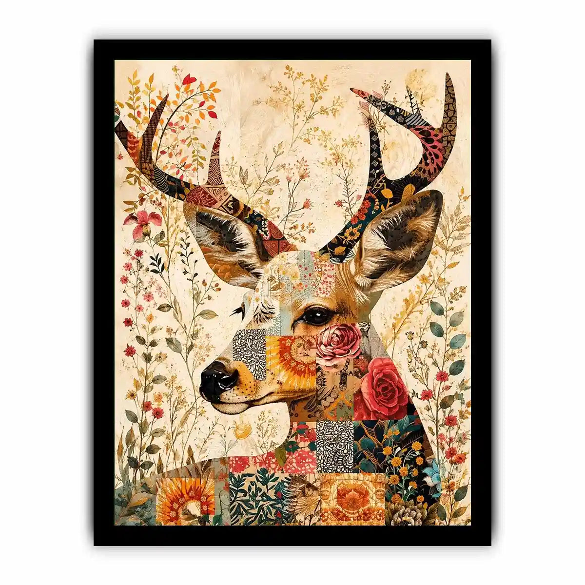 Patchwork deer with floral accents