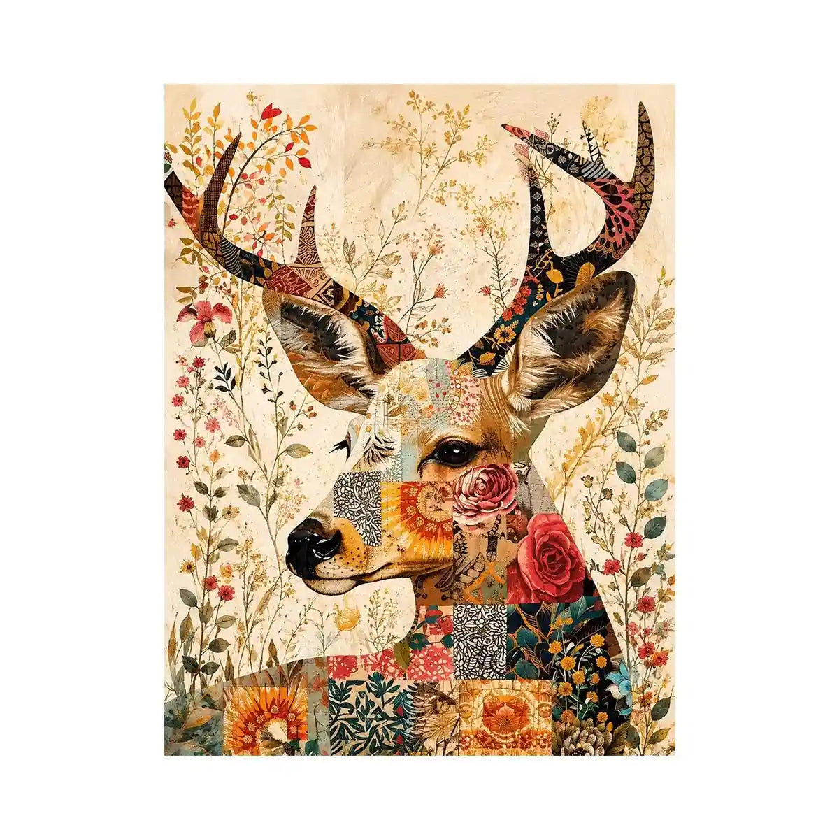 Patchwork deer with floral accents