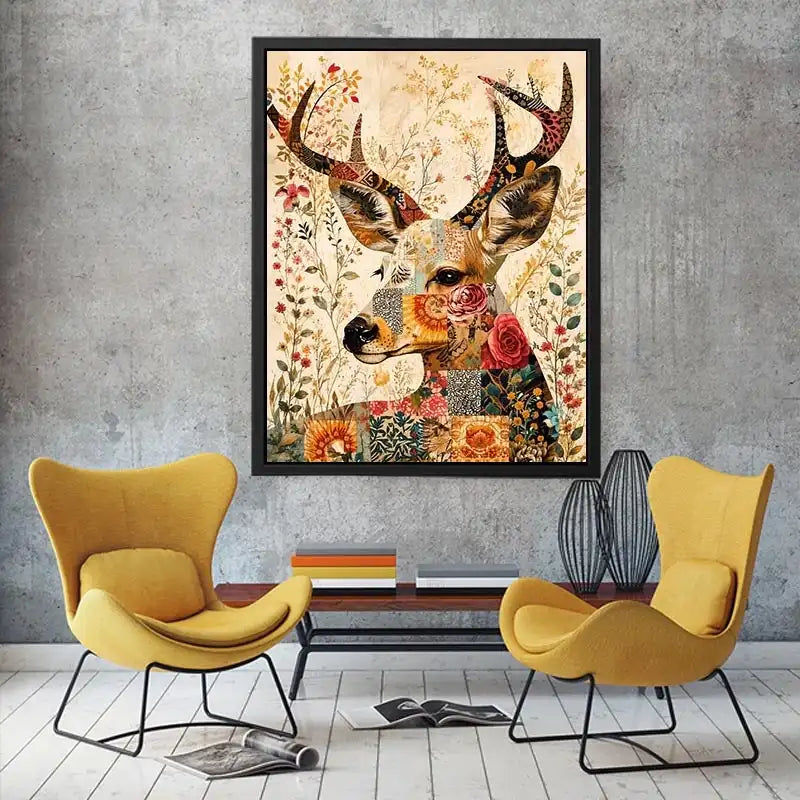 Patchwork deer with floral accents