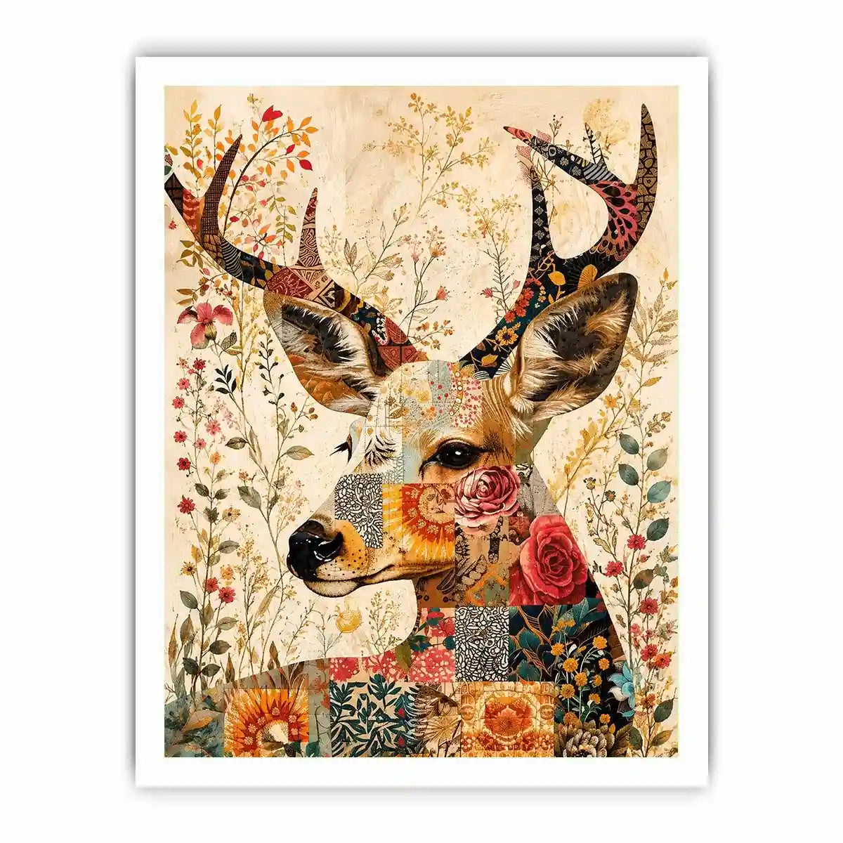 Patchwork deer with floral accents