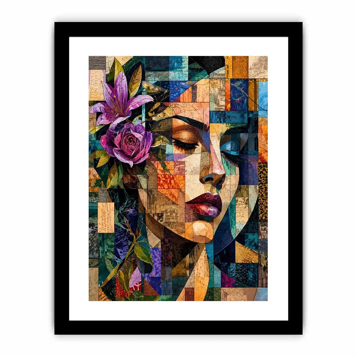Abstract portrait with floral mosaic accents