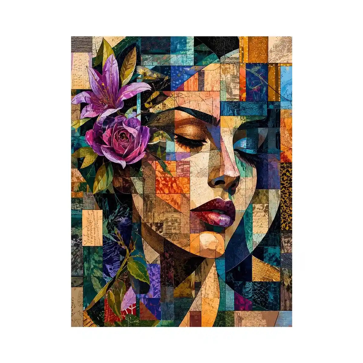 Abstract portrait with floral mosaic accents