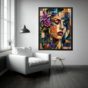 Abstract portrait with floral mosaic accents