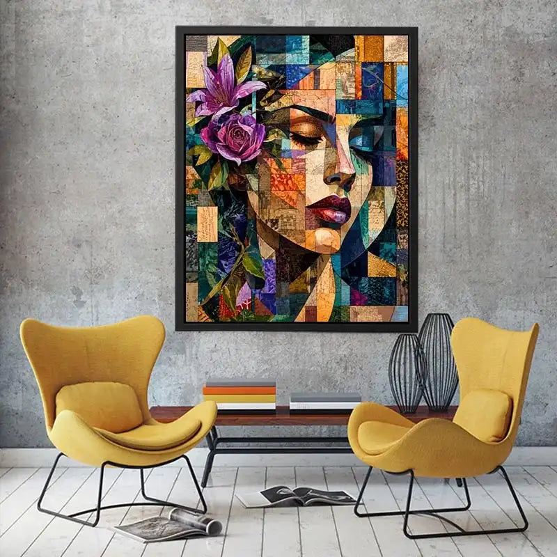 Abstract portrait with floral mosaic accents