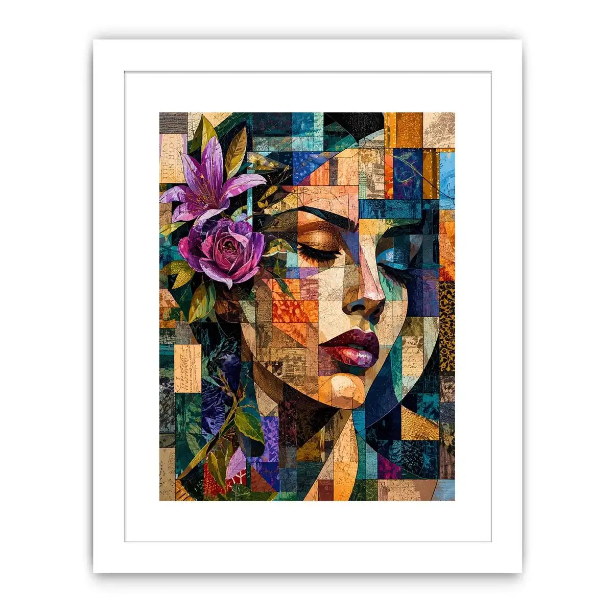 Abstract portrait with floral mosaic accents