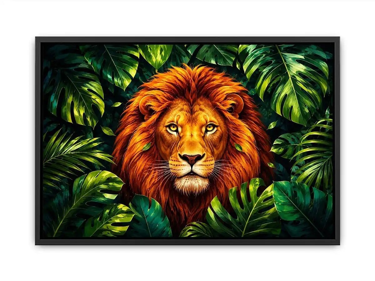 Regal lion in vibrant jungle foliage