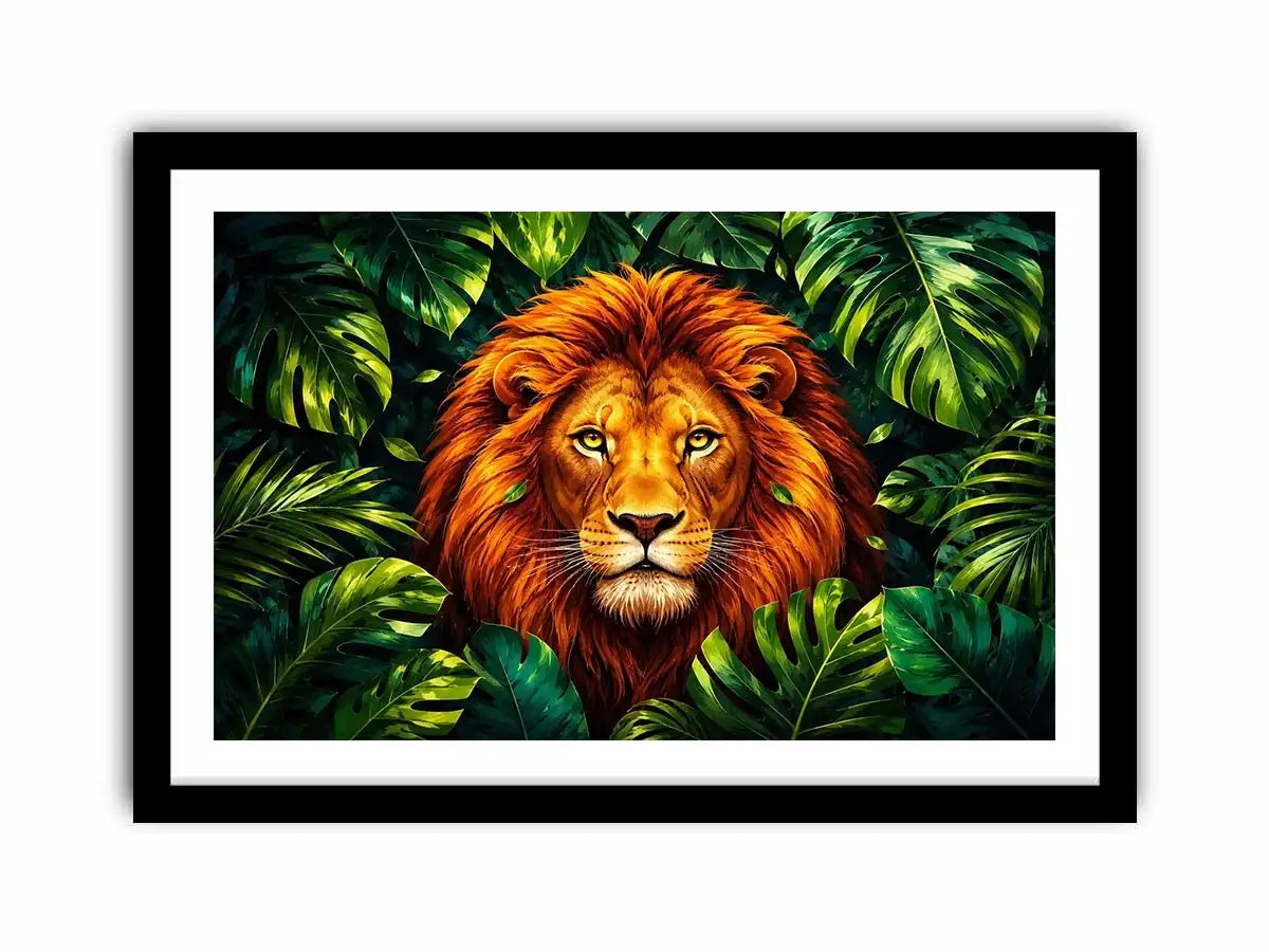 Regal lion in vibrant jungle foliage