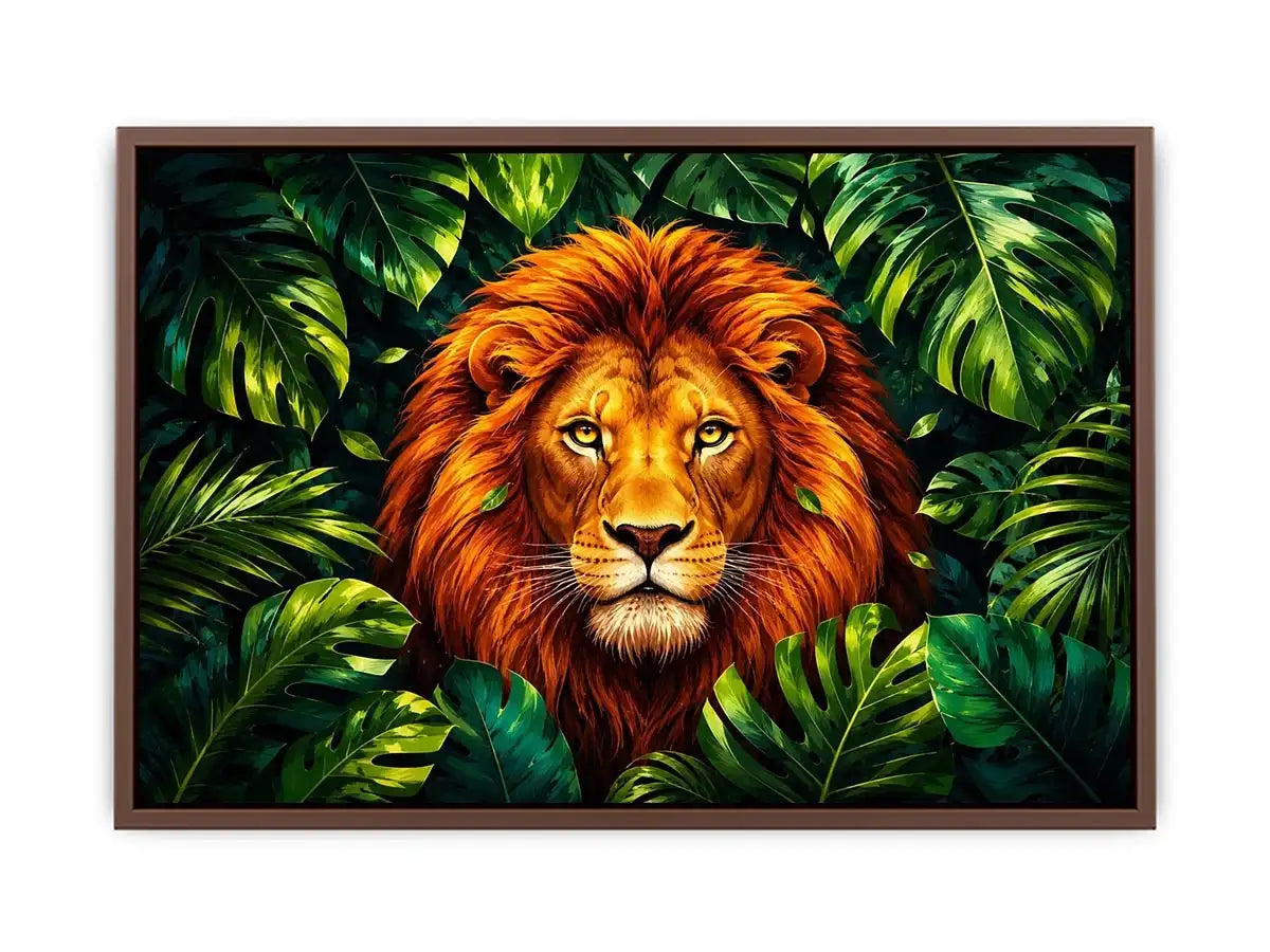 Regal lion in vibrant jungle foliage