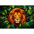 Regal lion in vibrant jungle foliage