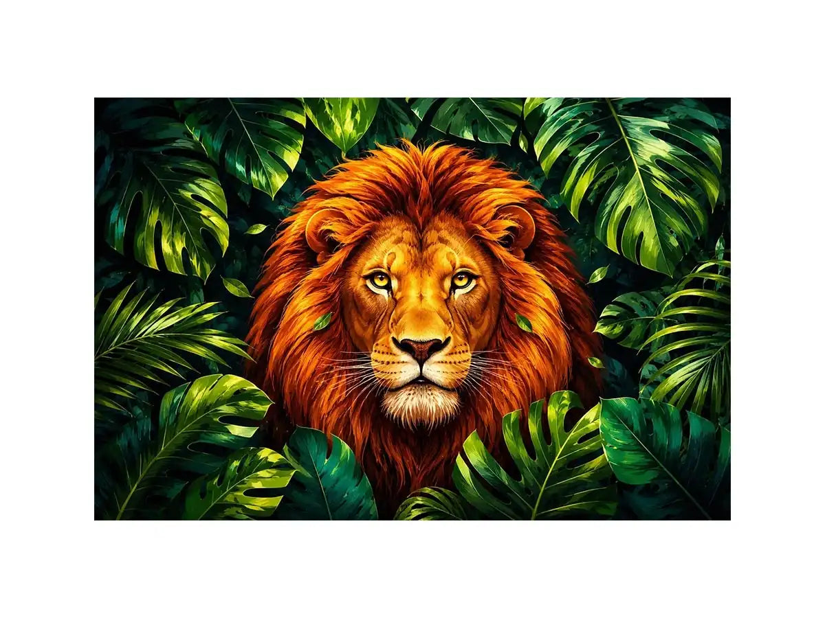 Regal lion in vibrant jungle foliage