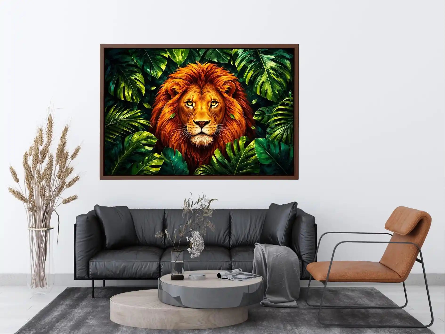 Regal lion in vibrant jungle foliage