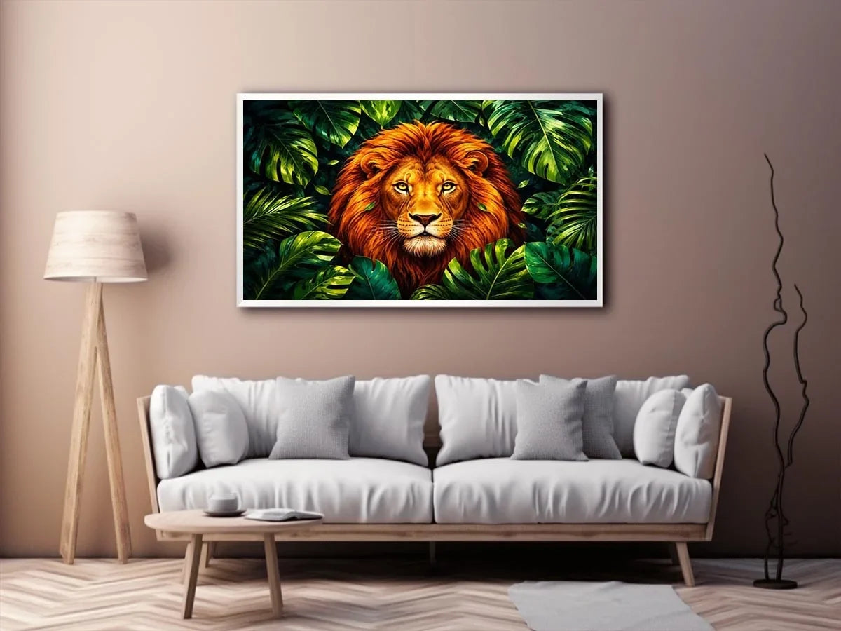 Regal lion in vibrant jungle foliage