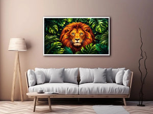 Regal lion in vibrant jungle foliage