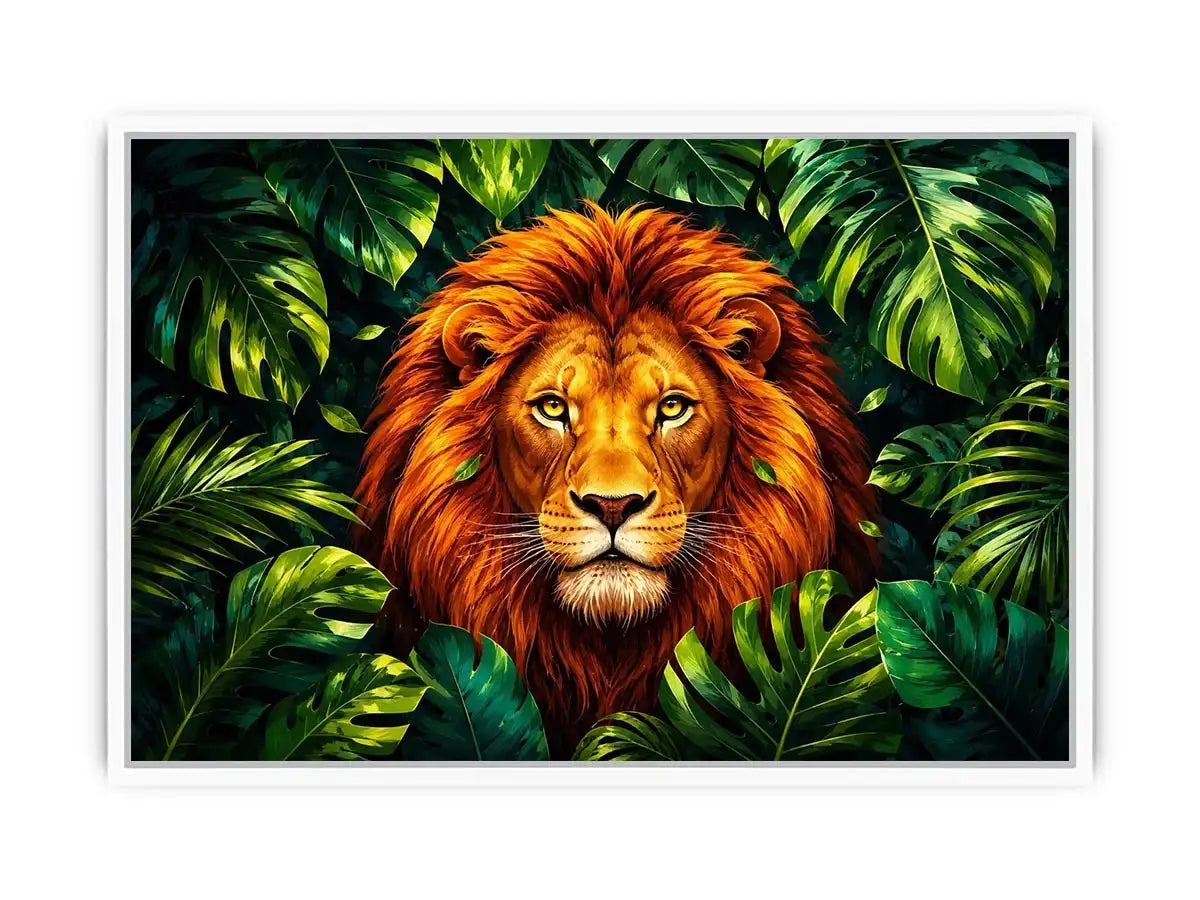 Regal lion in vibrant jungle foliage