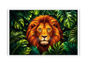 Regal lion in vibrant jungle foliage