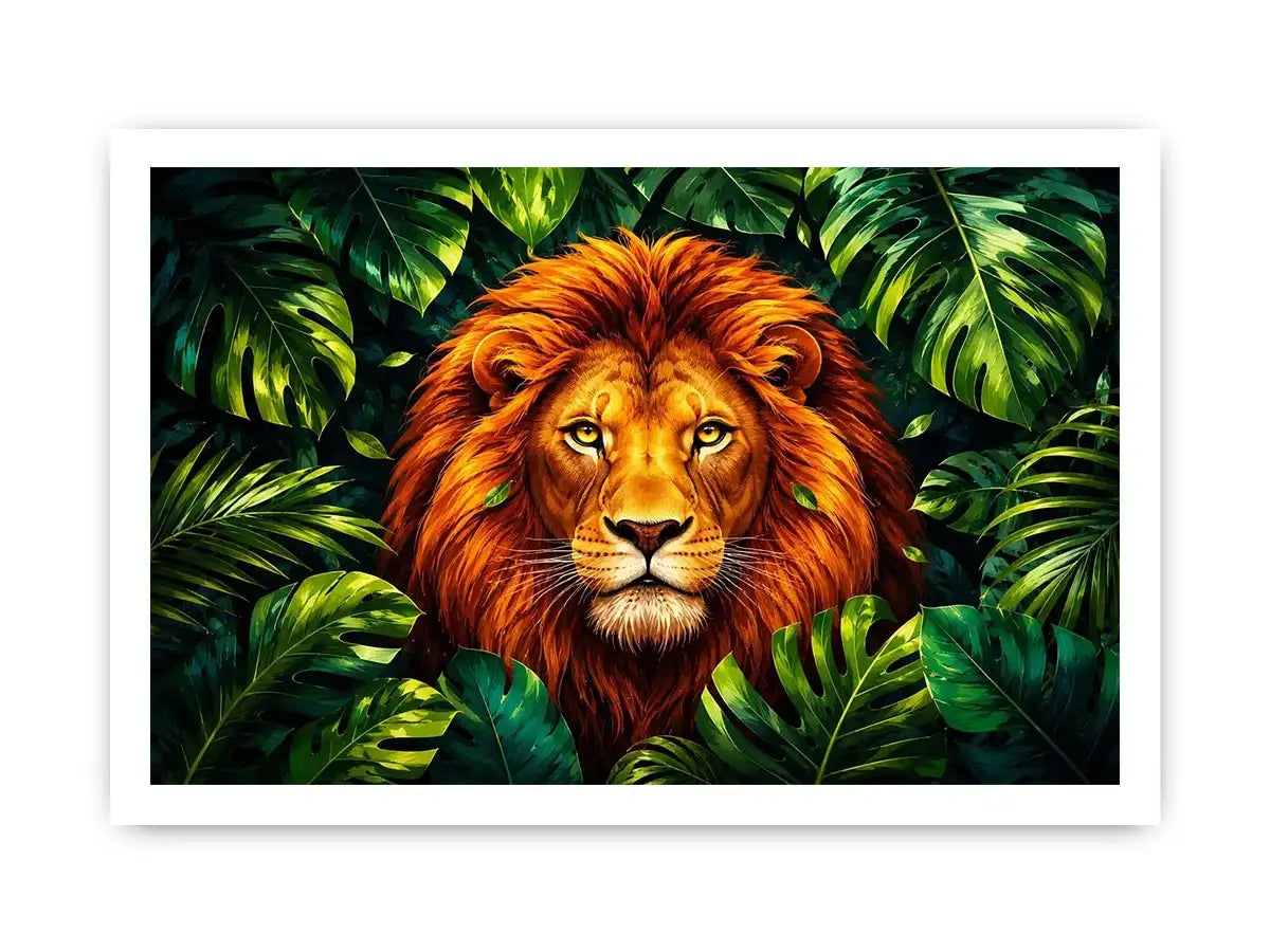 Regal lion in vibrant jungle foliage