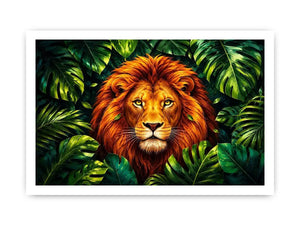 Regal lion in vibrant jungle foliage