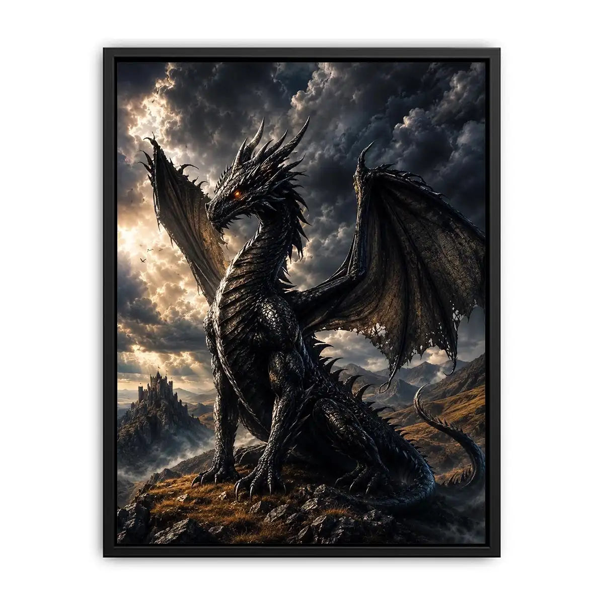Majestic black dragon in stormy landscape