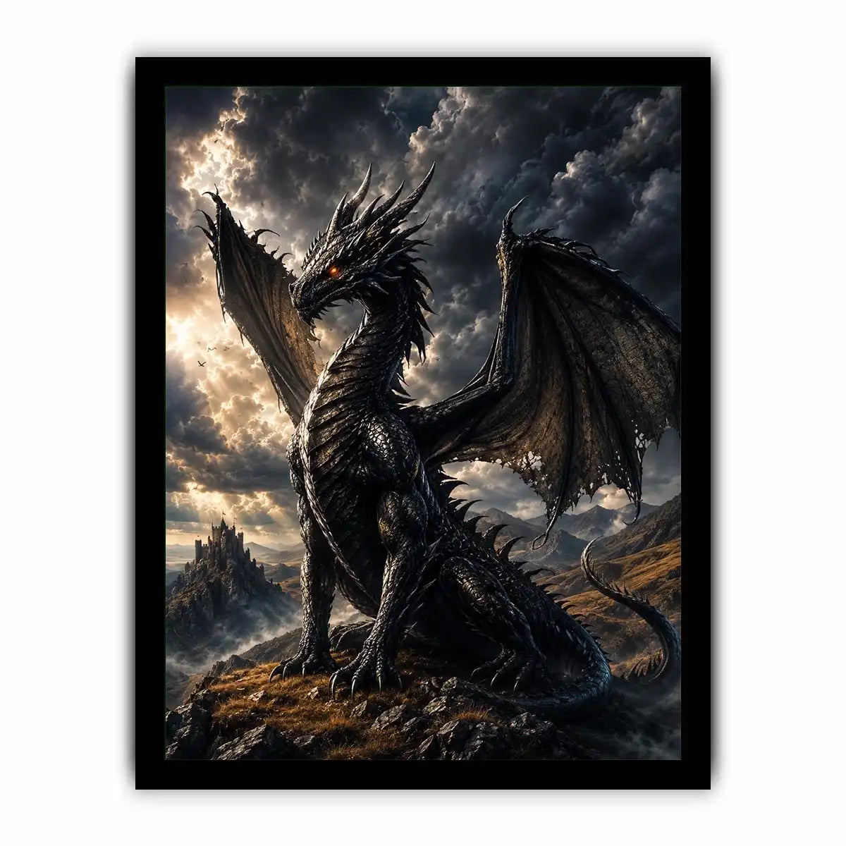 Majestic black dragon in stormy landscape