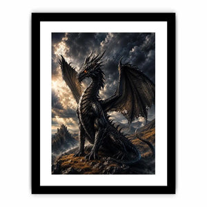 Majestic black dragon in stormy landscape