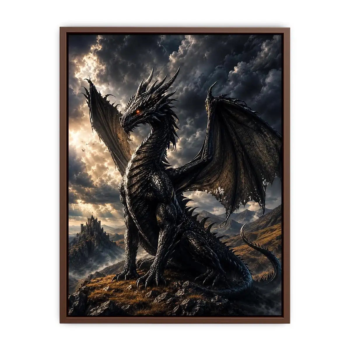 Majestic black dragon in stormy landscape