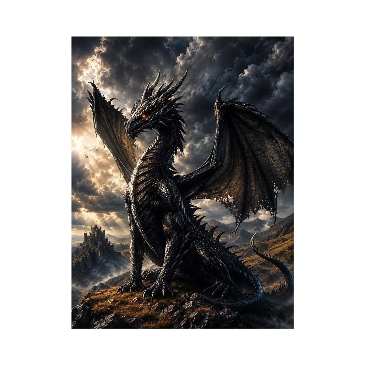 Majestic black dragon in stormy landscape