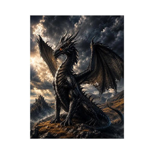Majestic black dragon in stormy landscape