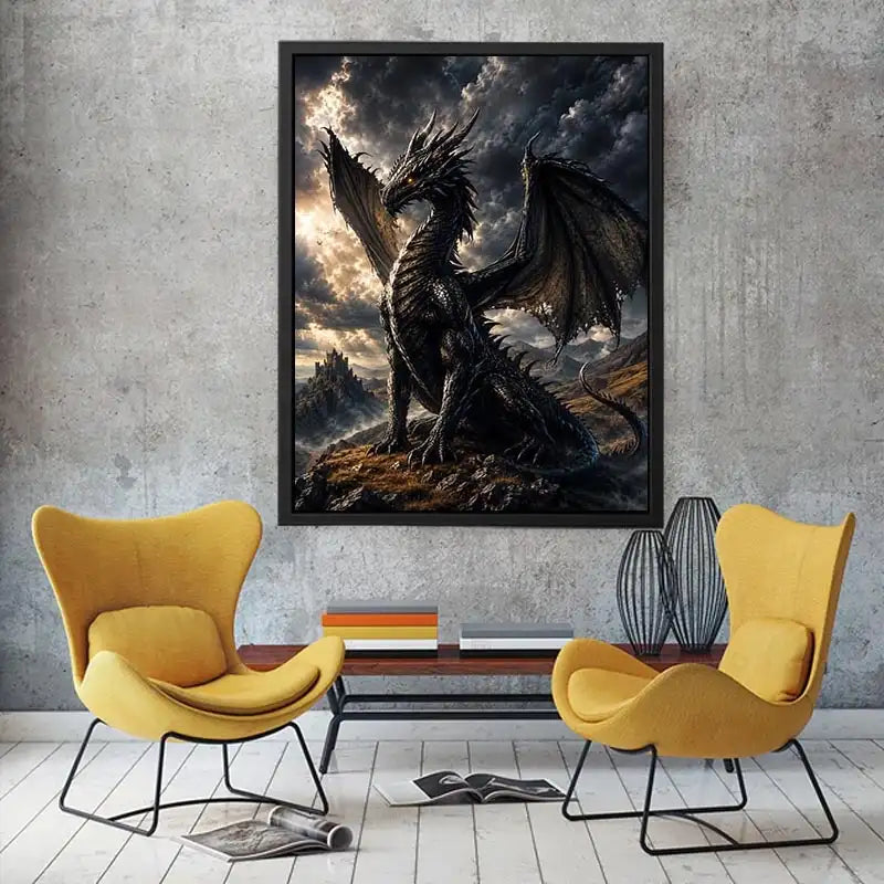 Majestic black dragon in stormy landscape