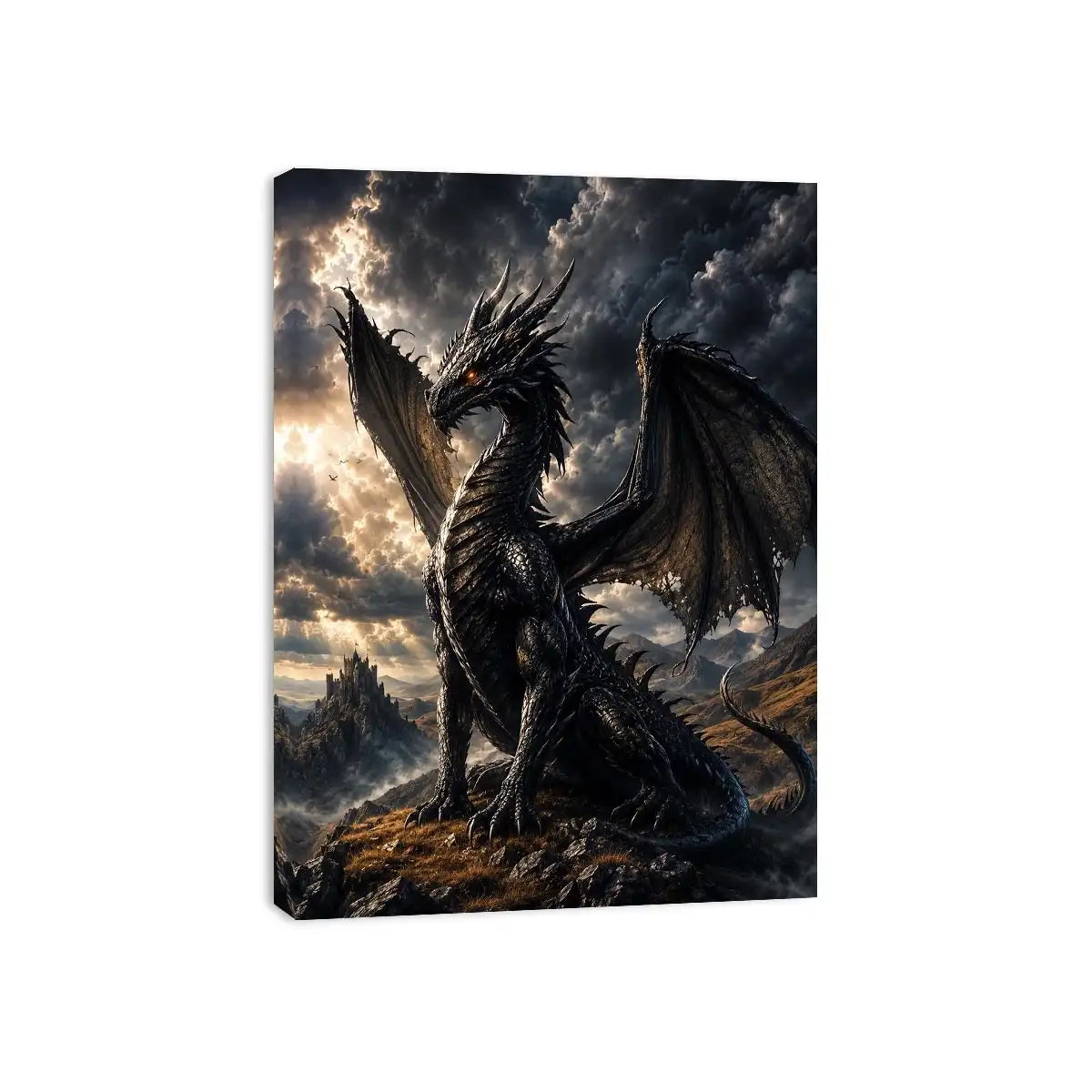 Majestic black dragon in stormy landscape