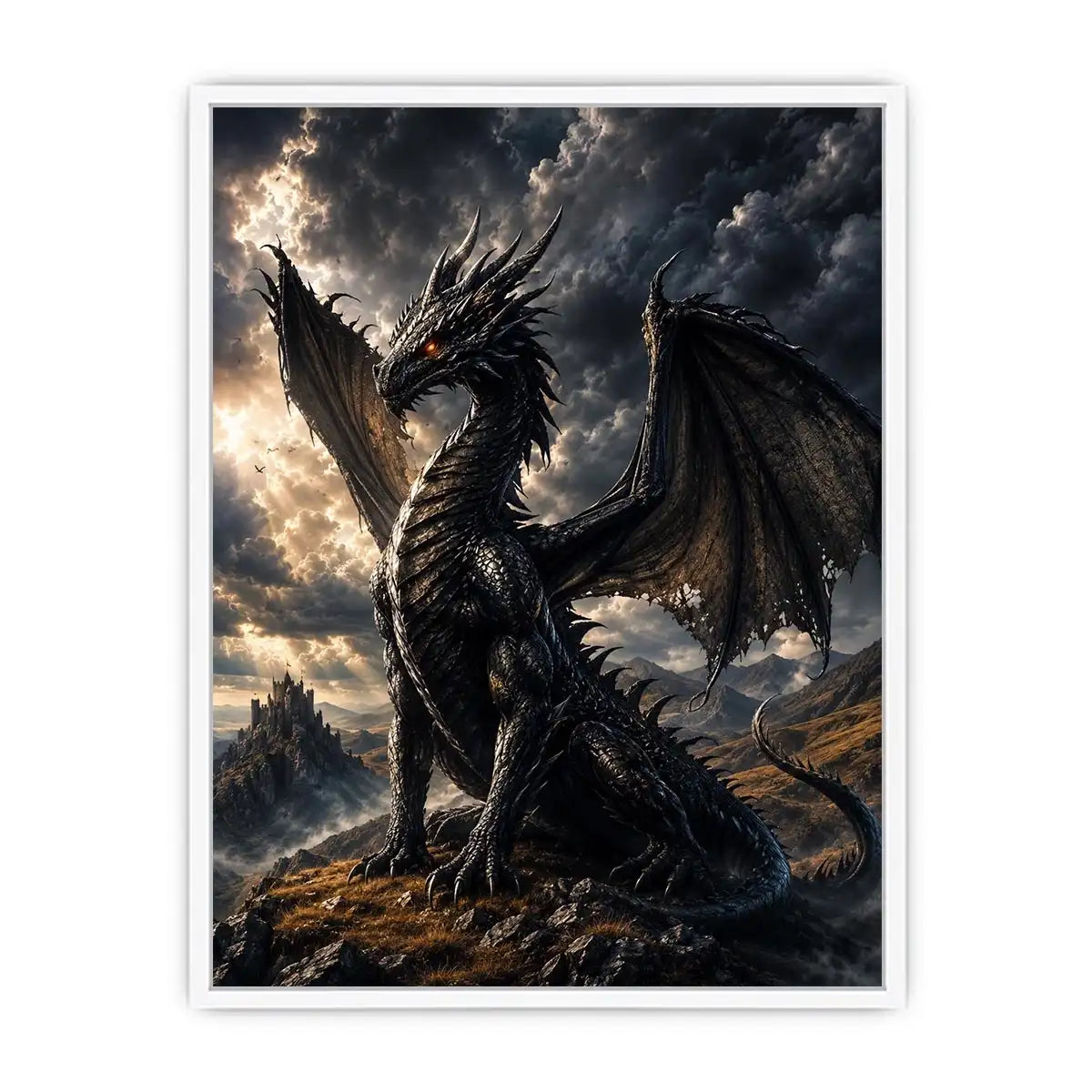 Majestic black dragon in stormy landscape