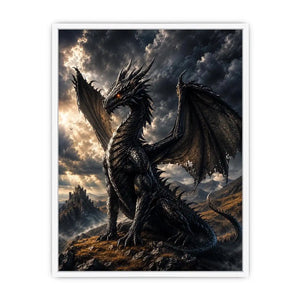 Majestic black dragon in stormy landscape