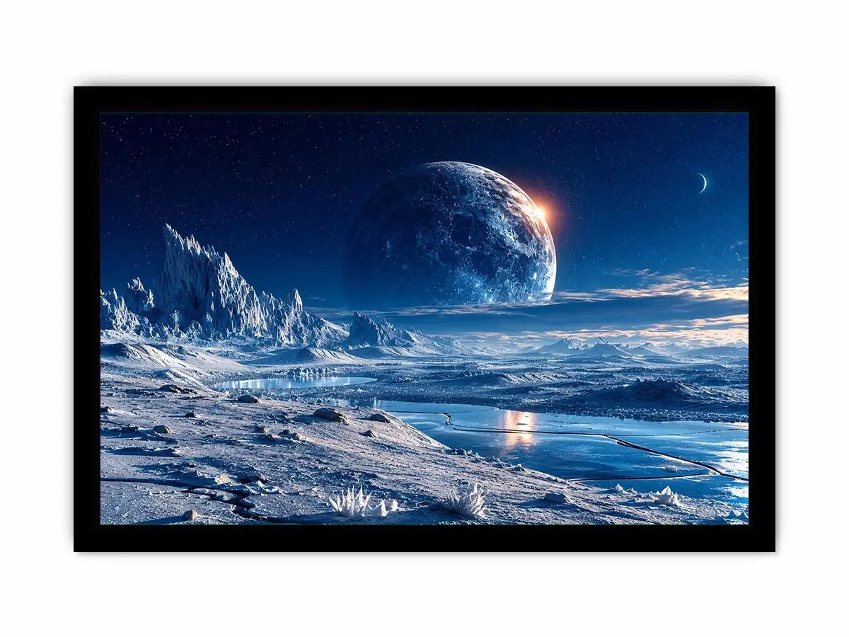 Frozen alien tundra under distant moons