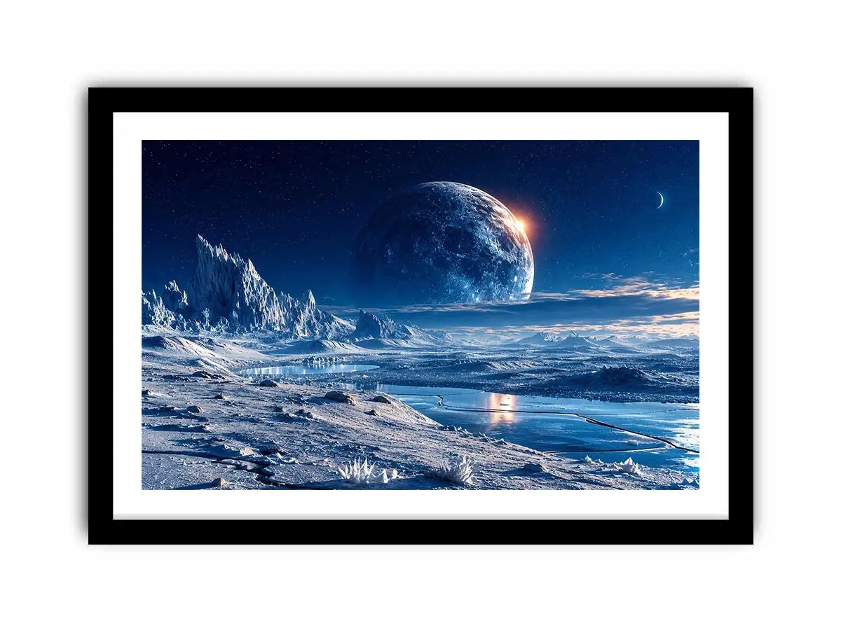 Frozen alien tundra under distant moons
