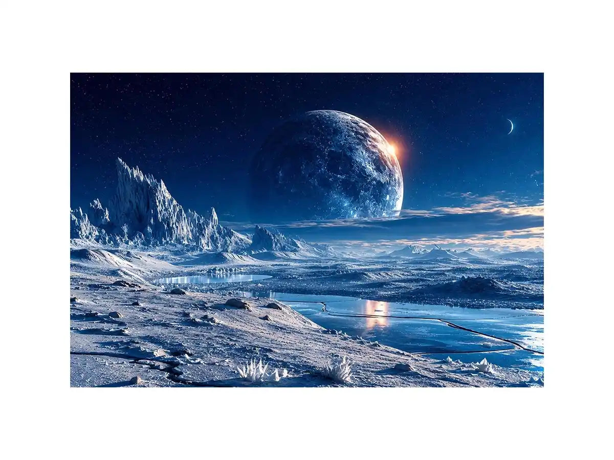 Frozen alien tundra under distant moons