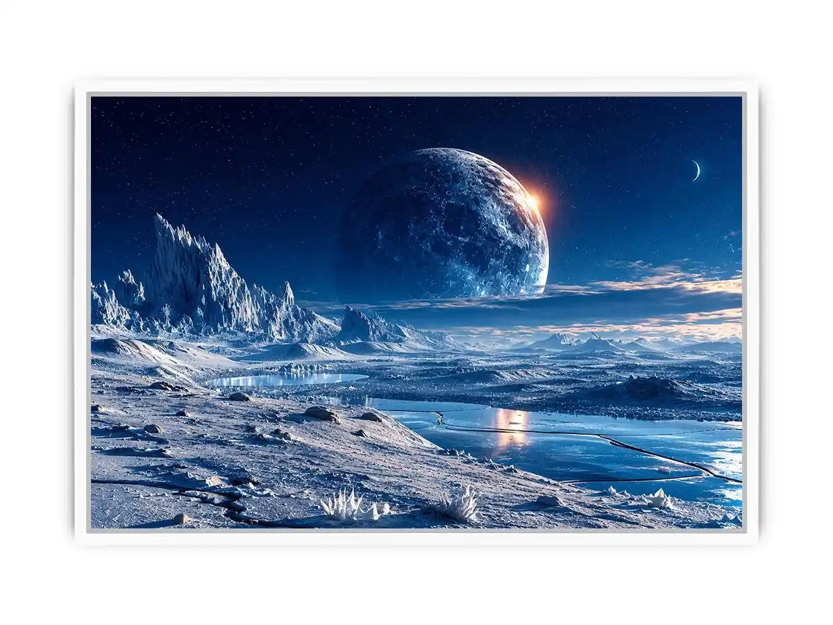 Frozen alien tundra under distant moons