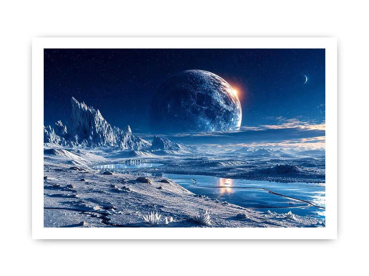 Frozen alien tundra under distant moons