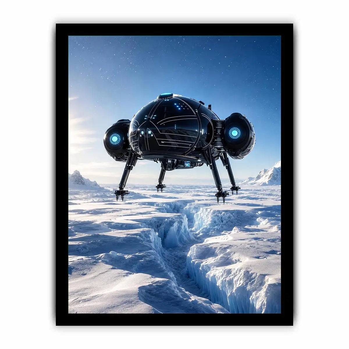 Futuristic craft over icy alien landscape