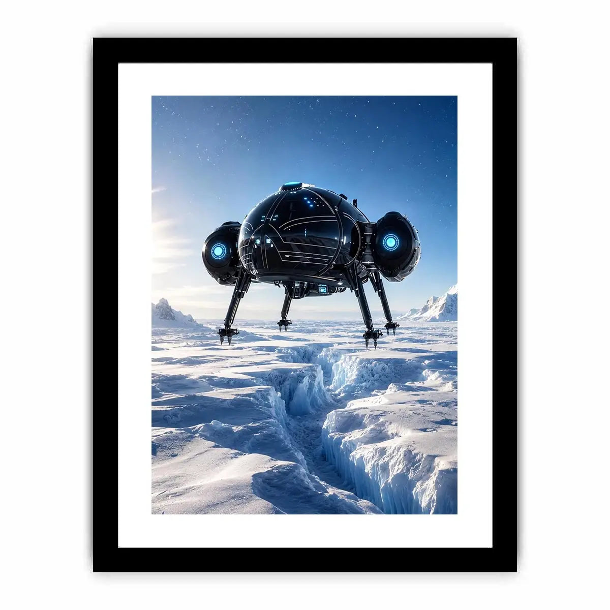 Futuristic craft over icy alien landscape