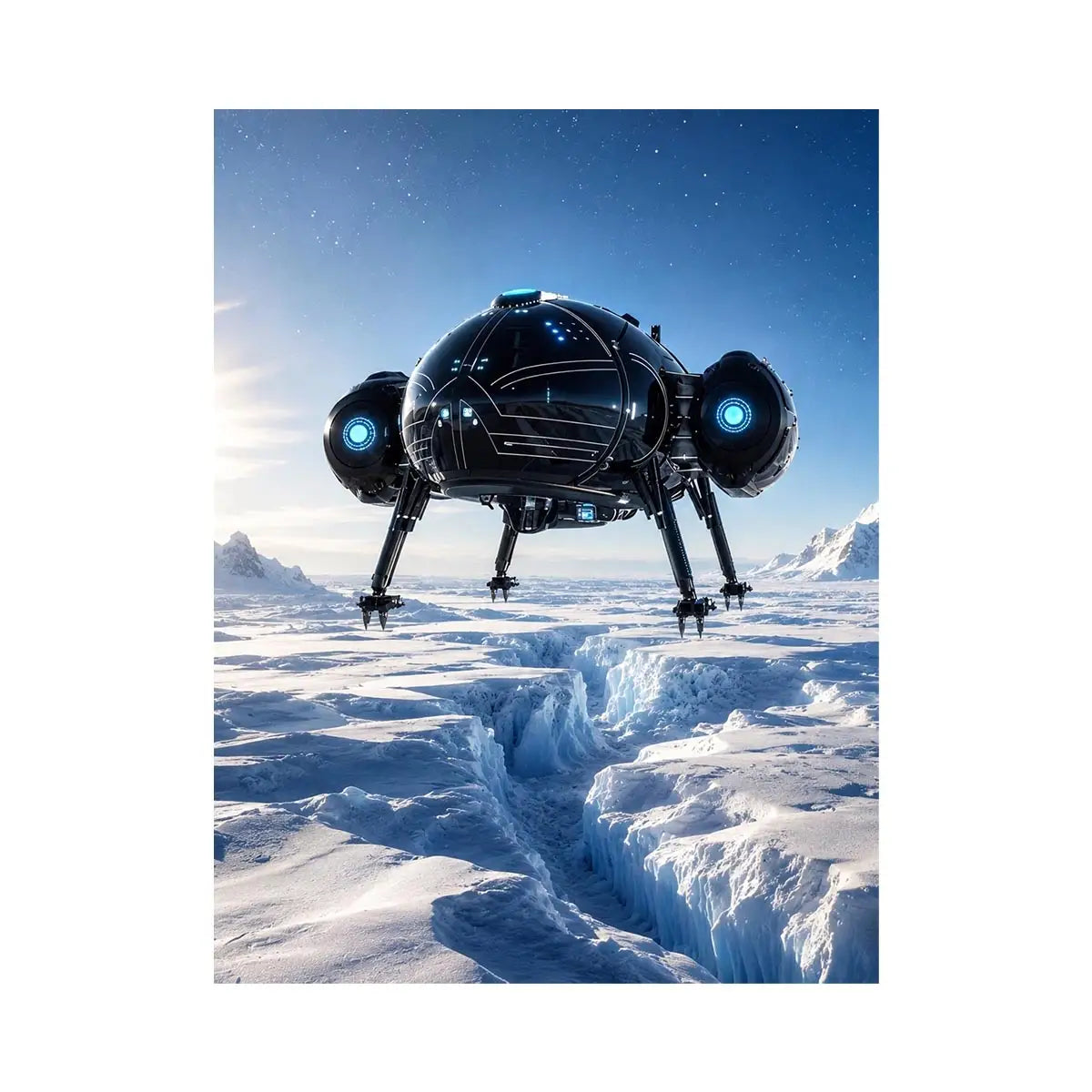 Futuristic craft over icy alien landscape