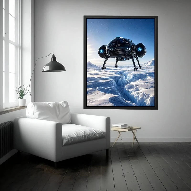 Futuristic craft over icy alien landscape