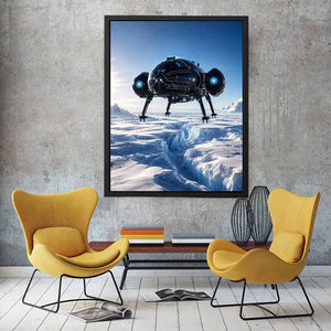 Futuristic craft over icy alien landscape