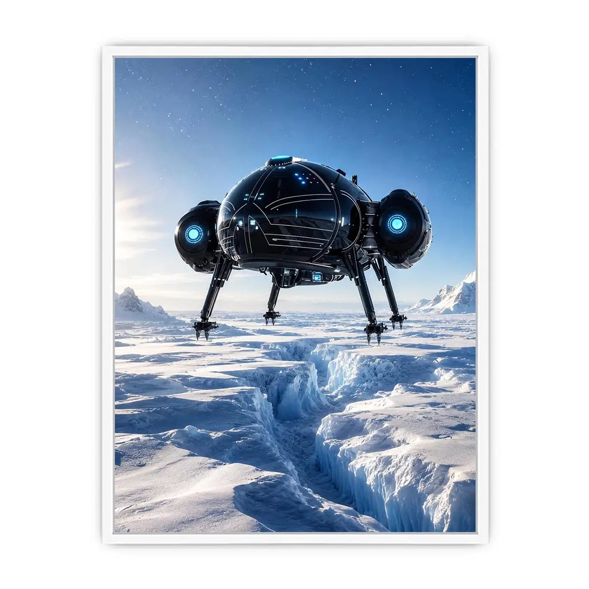 Futuristic craft over icy alien landscape
