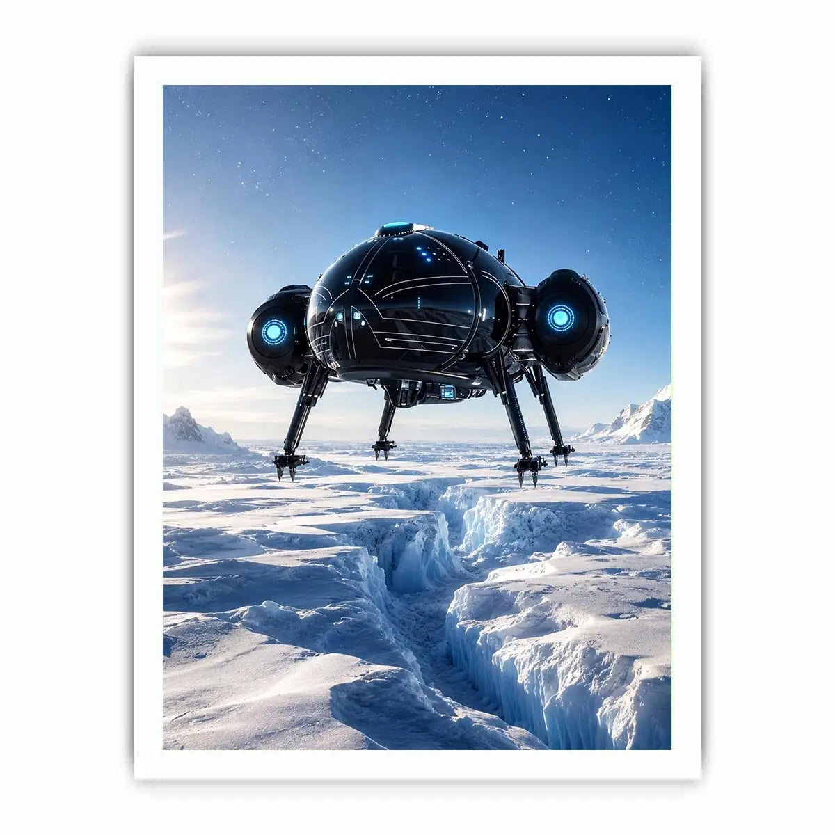 Futuristic craft over icy alien landscape