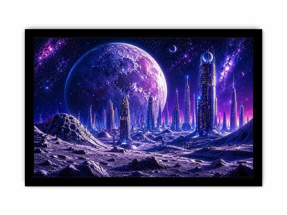 Futuristic city under a glowing alien moon