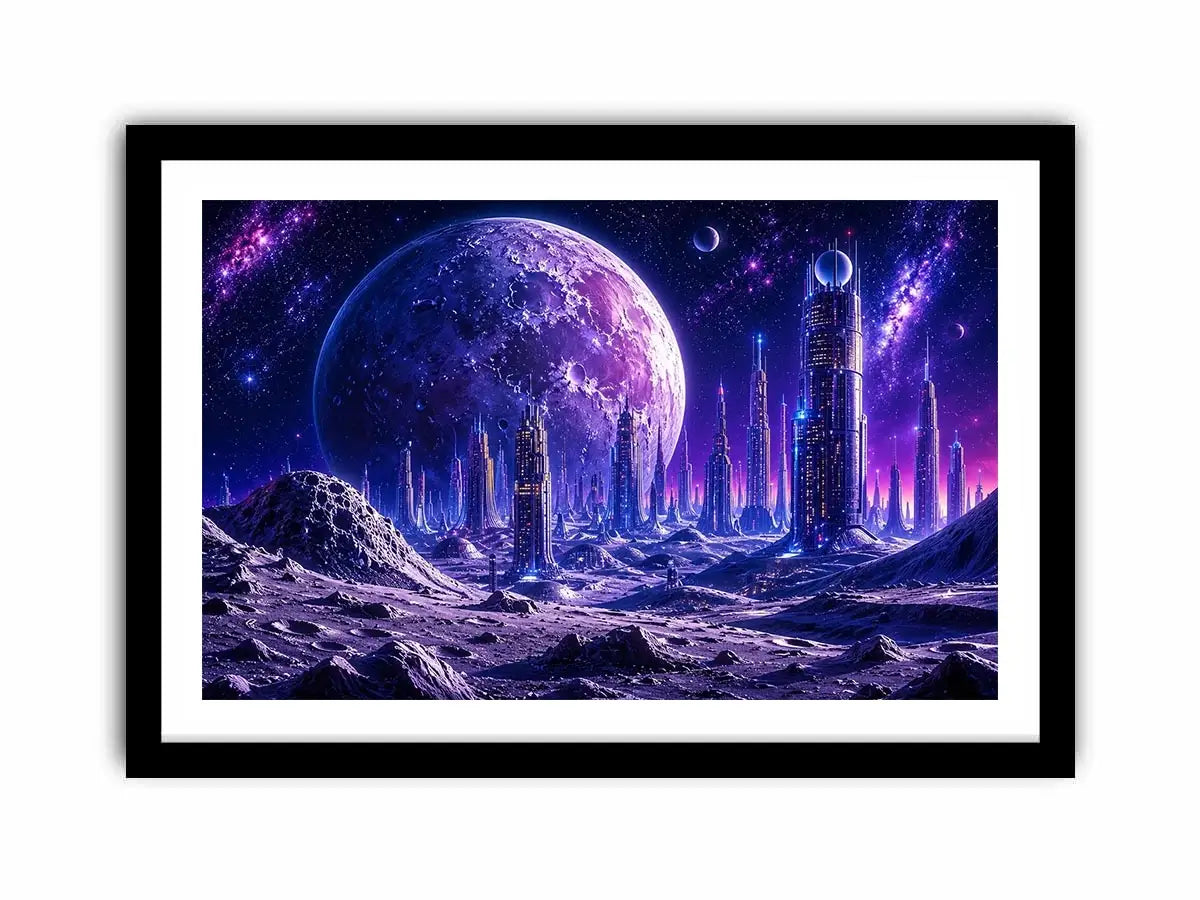 Futuristic city under a glowing alien moon